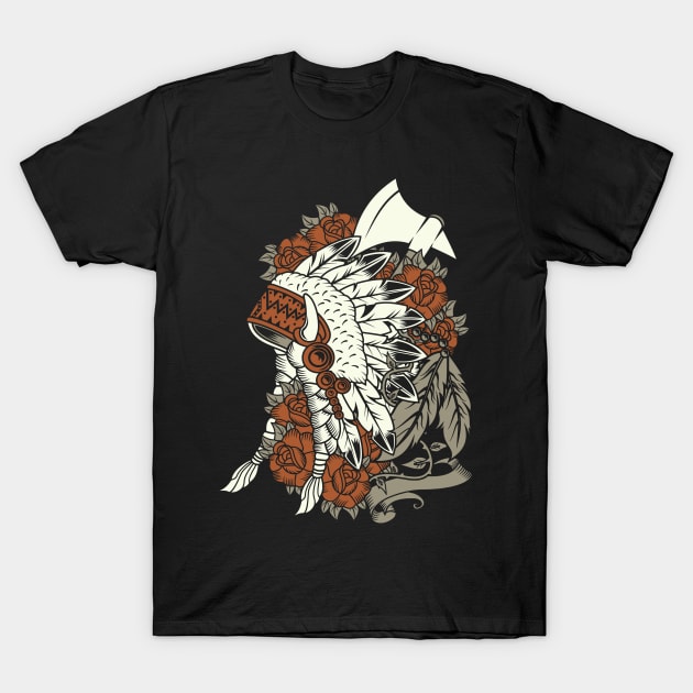 Retro Indian Head Dress With Roses And Feathers T-Shirt by JakeRhodes